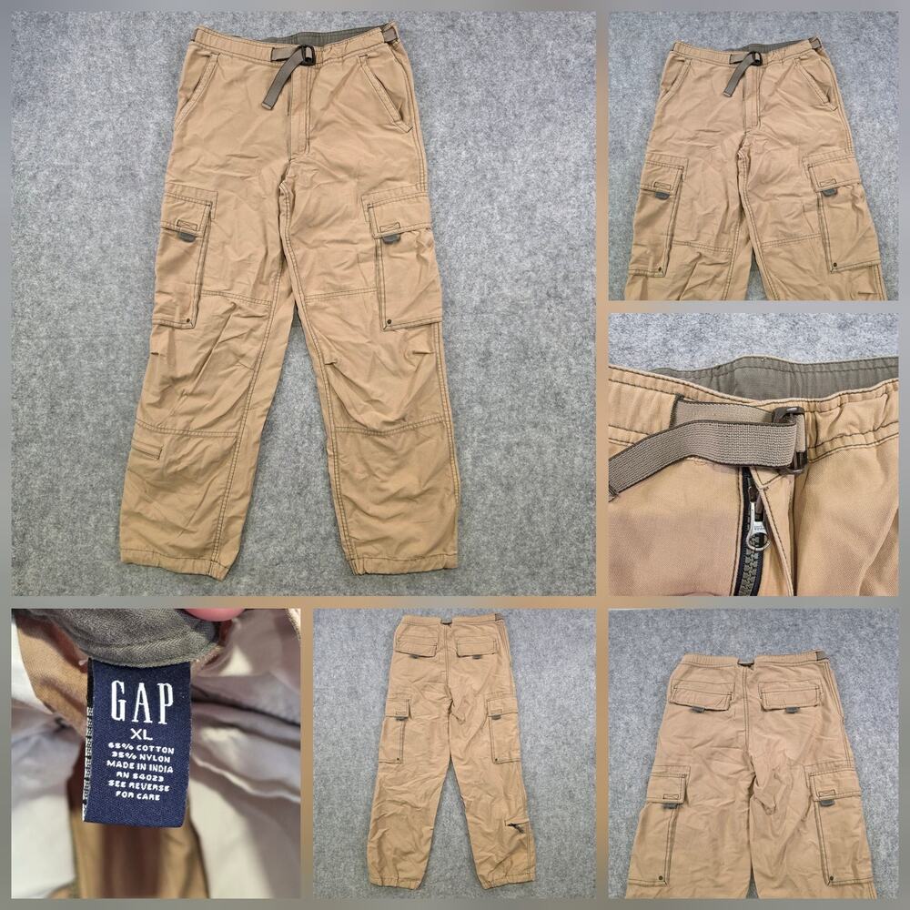 VTG Y2K Gap Pants Boys Youth XL Khaki‎ Cargo Elastic Hem Belted Outdoor Hiking